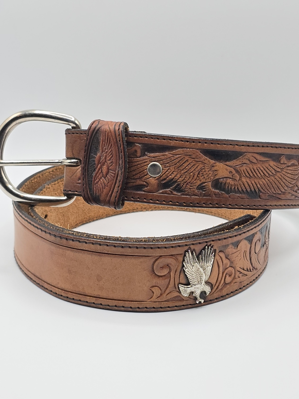 VTG Leegin Belt Eagle Tooled Leather Western Brown Made in USA Size 38